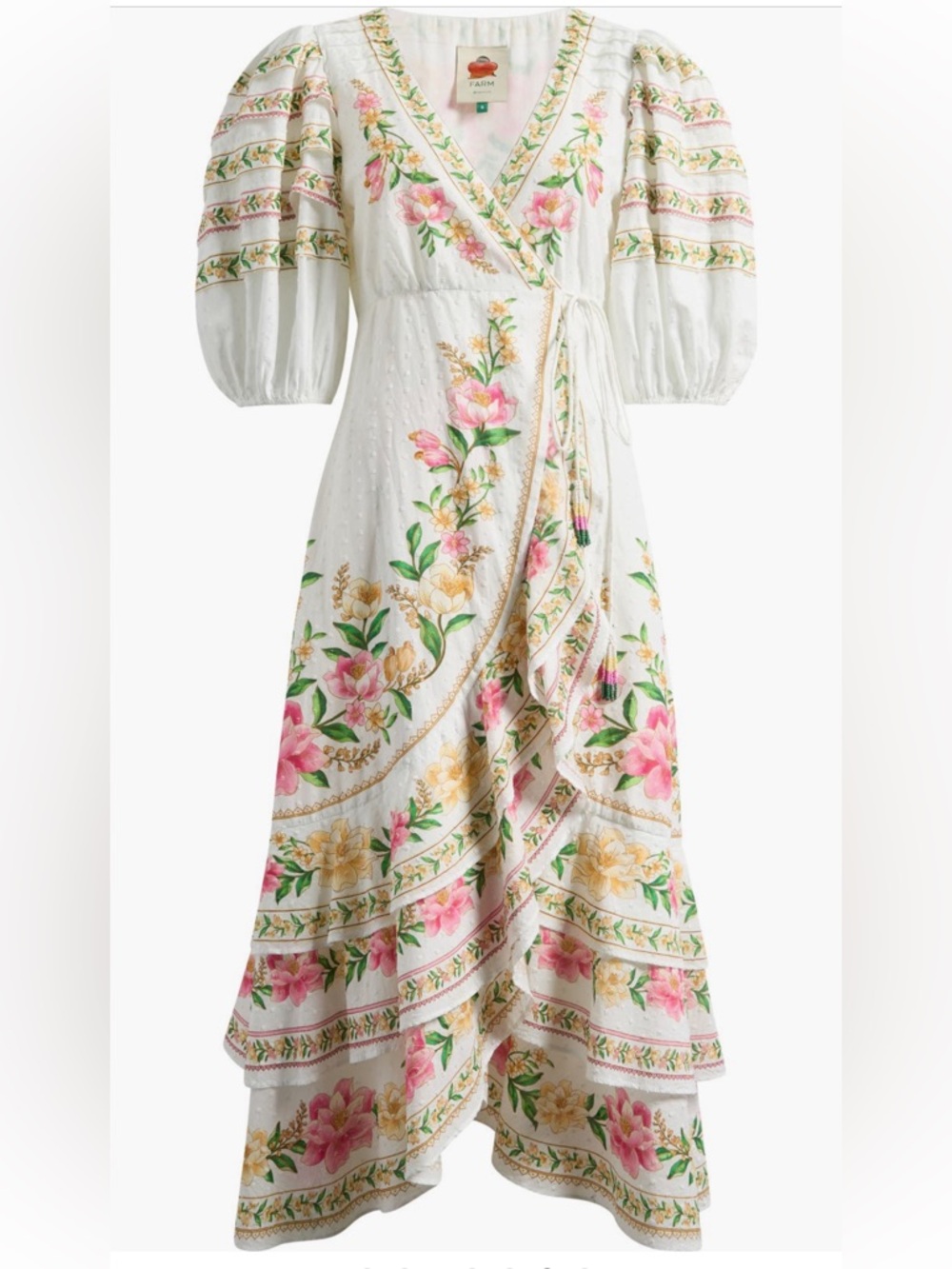 FARM Rio White Midi Wrap Dress with Pink & Yellow Floral Embroidery - Picture 3 of 9
